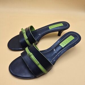 Lauren Ralph Lauren REENA Black Green Leather Kitten Heel Slide Sandals Size 8 B